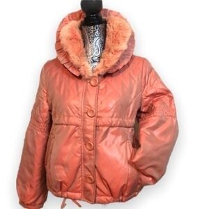 Young Woo small medium Faux fur Puffer Hooded iridescent Pink puffy jacket